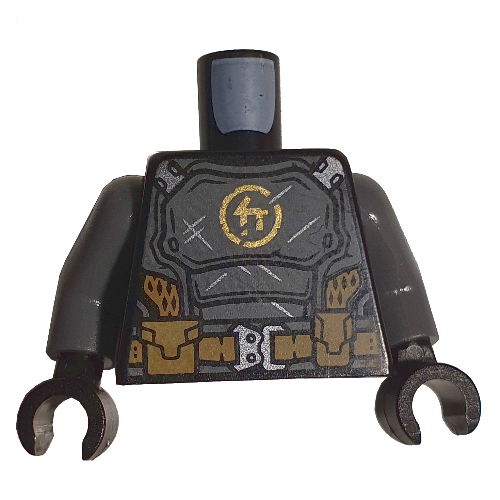 Visuel indicatif Rebrickable de Torse, armure, plaque de poitrine gris bleuté foncé, ceinture de beige utilitaire, motif imprimé symbole orange, bras titane nacré, mains noires (Torso, Armor, Dark Bluish Gray Chestplate, Tan Utility Belt, Orange Symbol Print, Pearl Titanium Arms, Black Hands)