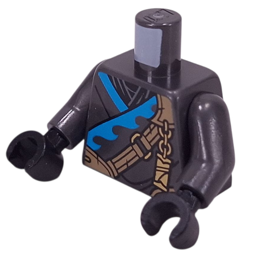 Torse, robes ninja, garniture azur moyen, bracelet beige foncé, motif imprimé chaîne dorée, bras titane nacré, mains noires (Torso, Ninja Robes, Medium Azure Trim, Dark Tan Strap, Gold Chain Print, Pearl Titanium Arms, Black Hands)