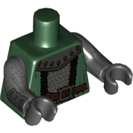 Visuel indicatif Rebrickable de Torse, armure, cotte de mailles argentée, grand col, motif : ceinture brun foncé, bras titane nacré, mains noires (Torso, Armor, Silver Chainmail, Large Collar, Dark Brown Belt Print, Pearl Titanium Arms, Black Hands)
