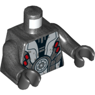 Torse, armure avec motif imprimé argent et rouge (m-oc chasseur droïde), bras titane nacré, mains noires (Torso, Armor with Silver and Red Print (M-OC Hunter Droid), Pearl Titanium Arms, Black Hands)