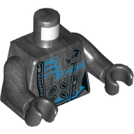 Visuel indicatif Rebrickable de Torse, combinaison, fermeture éclair, motifs imprimés lignes bleues, bras titane nacré, mains noires (Torso, Jumpsuit, Zipper, Blue Lines Print, Pearl Titanium Arms, Black Hands)