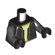 Torse, veste, garniture de corail, motif imprimé vert jaunâtre et vert citron, bras titane nacré, mains noires (Torso, Jacket, Coral Trim, Yellowish-Green and Lime Undershirt Print, Pearl Titanium Arms, Black Hands)