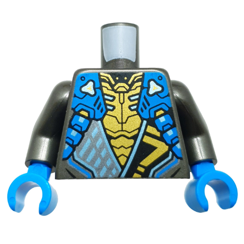 Torse, robes ninja, ceinture noire avec symbole d'or, sangle azur moyen, motif imprimé poitrine or, bras titane nacré, mains azur foncé (Torso, Ninja Robes, Black Sash with Gold Symbol, Medium Azure Strap, Gold Chest Print, Pearl Titanium Arms, Dark Azure Hands)