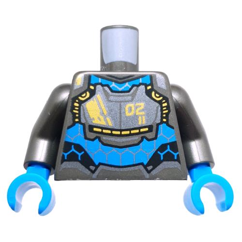 Visuel indicatif Rebrickable de Torse, armure de costume mech, panneau d'azur foncé, hexagones, décorations jaunes, motif imprimé '02', bras titane nacré, mains azur foncé (Torso, Mech Suit Armor, Dark Azure Panel, Hexagons, Yellow Decorations, '02' Print, Pearl Titanium Arms, Dark Azure Hands)
