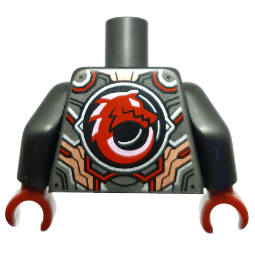 Torse, armure, lignes rouges, motif imprimé tête de dragon, bras titane nacré, mains rouge foncé (Torso, Armor, Red Lines, Dragon Head Print, Pearl Titanium Arms, Dark Red Hands)