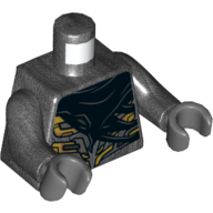 Visuel indicatif Rebrickable de Torse, armure avec or et détails gris bleuté foncé, motif imprimé cape en lambeaux noirs, bras titane nacré, mains gris bleuté foncé (Torso, Armor with Gold and Dark Bluish Gray Details, Black Tattered Cape Print, Pearl Titanium Arms, Dark Bluish Gray Hands)