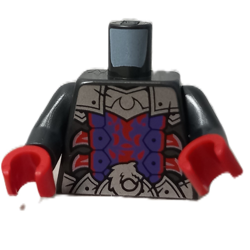 Visuel indicatif Rebrickable de Torse, armure, plaques d'argent, poitrine violet foncé, garniture rouge, motif imprimé griffes en métal rose, bras titane nacré, mains rouges (Torso, Armor, Silver Plates, Dark Purple Chest, Red Trim, Metal Pink Claws Print, Pearl Titanium Arms, Red Hands)