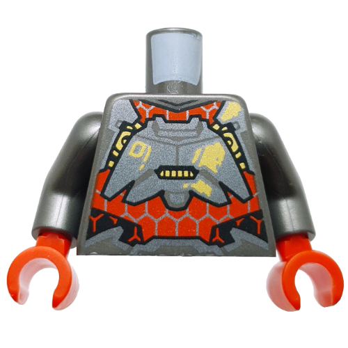 Visuel indicatif Rebrickable de Torse, armure de costume mech, panneau rouge, hexagones, décorations jaunes, motif : inscription '01', bras titane nacré, mains rouges (Torso, Mech Suit Armor, Red Panel, Hexagons, Yellow Decorations, '01' Print, Pearl Titanium Arms, Red Hands)