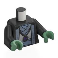 Visuel indicatif Rebrickable de Torse, robes jedi, garniture bleu sable, ceinture, motif imprimé collier argent, bras titane nacré, mains vert sable (Torso, Jedi Robes, Sand Blue Trim, Belt, Silver Necklace Print, Pearl Titanium Arms, Sand Green Hands)