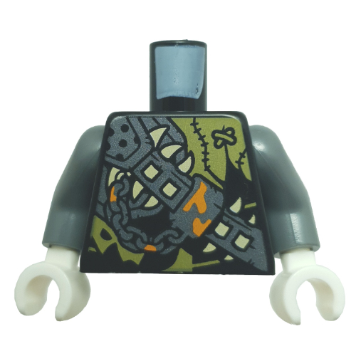 Visuel indicatif Rebrickable de Torse, armure argentée, chaîne, crocs vert jaunâtre, motif imprimé chemise en lambeaux olive, bras titane nacré, mains blanches (Torso, Silver Armor, Chain, Yellowish Green Fangs, Olive Tattered Shirt Print, Pearl Titanium Arms, White Hands)