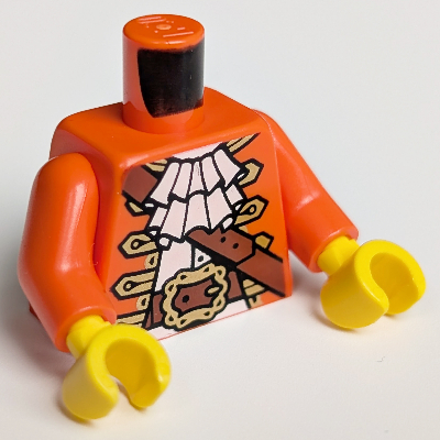 Visuel indicatif Rebrickable de Torse, veste de capitaine pirate avec chemise à volants blanc, ceinture marron rougeâtre et sangle d'épaule motif imprimé, bras orange rougeâtre, mains jaunes (Torso, Pirate Captain Jacket with White Ruffled Shirt, Reddish Brown Belt and Shoulder Strap Print, Reddish Orange Arms, Yellow Hands)