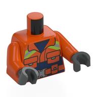 Torse, veste, rayures de sécurité vert fluo / argent, motif imprimé chemise bleu foncé, bras orange rougeâtre, mains gris bleuté foncé (Torso, Jacket, Neon Green/Silver Safety Stripes, Dark Blue Shirt Print, Reddish Orange Arms, Dark Bluish Gray Hands)