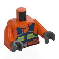 Torse, bleu foncé, rayures de sécurité vert fluo/argent, pull en tissu imprimé, bras orange rougeâtre, mains gris bleuté foncé (Torso, Dark Blue Overall, Neon Green/Silver Safety Stripes, Wolen Sweater Print, Reddish Orange Arms, Dark Bluish Gray Hands)