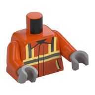 Torse, veste de sécurité, motif imprimé rayures jaunes argentées et vibrantes, bras orange rougeâtre, mains gris bleuté clair (Torso, Safety Jacket, Silver and Vibrant Yellow Stripes Print, Reddish Orange Arms, Light Bluish Gray Hands)