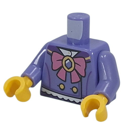 Visuel indicatif Rebrickable de Torse, veste, boutons dorés, volants blancs, arc rose foncé avec motif imprimé bijou, bras bleu-violet, mains jaunes (Torso, Jacket, Gold Buttons, White Ruffles, Dark Pink Bow with Jewel Print, Blue Violet Arms, Yellow Hands)