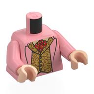 Visuel indicatif Rebrickable de Torse, Veste, Gilet doré, Écharpe rouge foncé motif imprimé, bras rose chaud, mains nougat clair (Torso, Jacket, Gold Vest, Dark Red Scarf Print, Warm Pink Arms, Light Nougat Hands)