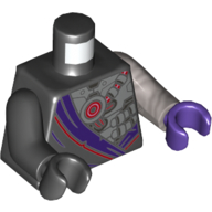 Torse, Odd bras et mains, robe avec garniture violet foncé, sur Robot panneaux motif imprimé, bras plat gauche argenté et main violet foncé, bras noir droit et main (Torso, Odd Arms and Hands, Robe with Dark Purple Trim, over Robot Panels Print, Left Flat Silver Arm and Dark Purple Hand, Right Black Arm and Hand)