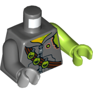 Torse, bras et mains bizarres, sweat à capuche avec fermeture à glissière, épaule déchirée, Bandolier avec motif imprimé 3 ampoules toxiques, bras et main gauche en vert citron, bras gris foncé droit et main gris clair (Torso, Odd Arms and Hands, Hoodie with Zipper, Torn Shoulder, Bandolier with 3 Toxic Bulbs Print, Left Lime Arm and Hand, Right Dark Bluish Gray Arm and Light Bluish Gray Hand)