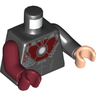 Torse, bras et mains bizarres, armure avec plaque de poitrine rouge foncé, motif imprimé cercle blanc/bleu clair (réacteur Arc) (Iron Man), bras noir gauche et main de nougat clair, bras rouge foncé droit et main (Torso, Odd Arms and Hands, Armor with Dark Red Chestplate, White/Light Blue Circle (Arc Reactor) Print (Iron Man), Left Black Arm and Light Nougat Hand, Right Dark Red Arm and Hand)