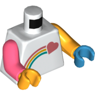 Torse, bras et mains étranges, cœur de tir de corail et motif imprimé arc-en-ciel, bras orange lumineux gauche et main azur foncé, bras corail droit et main orange lumineux (Torso, Odd Arms and Hands, Coral Shooting Heart and Rainbow Print, Left Bright Light Orange Arm and Dark Azure Hand, Right Coral Arm and Bright Light Orange Hand)
