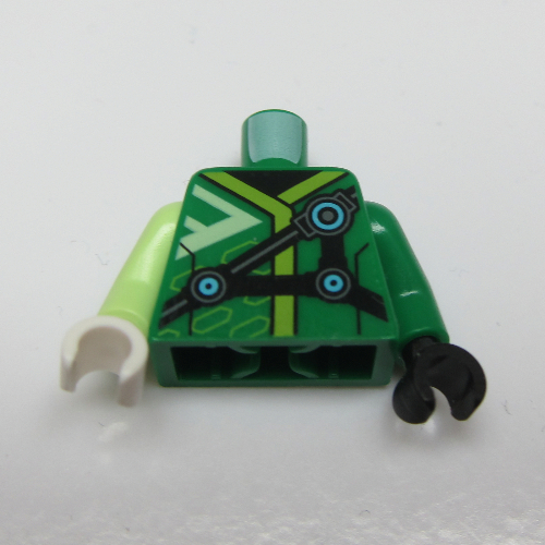 Torse, bras et mains impairs, robe avec garniture de vert citron, sangles noires avec motif imprimé de cercles d'azur, bras vert gauche et main noire, bras vert jaunâtre droit et main blanche (Torso, Odd Arms and Hands, Robe with Lime Trim, Black Straps with Azure Circles Print, Left Green Arm and Black Hand, Right Yellowish Green Arm and White Hand)