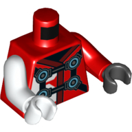 Torse, bras et mains impairs, robe avec bordure rouge foncé, sangles noires avec motif imprimé de cercles d'azur, bras rouge gauche et main noire, bras et main blancs droits (Torso, Odd Arms and Hands, Robe with Dark Red Trim, Black Straps with Azure Circles Print, Left Red Arm and Black Hand, Right White Arm and Hand)