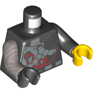 Torse, Odd bras et mains, Cyborg Plaques et Tubes motif imprimé, bras noir gauche et main jaune, bras argent plat droit et main noire (Torso, Odd Arms and Hands, Cyborg Plates and Tubes Print, Left Black Arm and Yellow Hand, Right Flat Silver Arm and Black Hand)