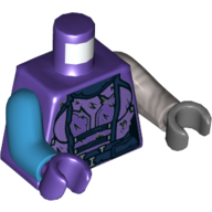 Torse, bras et mains bizarres, combinaison avec motif imprimé sangles bleu foncé (nébuleuse), bras plat argenté gauche et main gris foncé, bras noir azur droit et main violet foncé (Torso, Odd Arms and Hands, Jumpsuit with Dark Blue Straps Print (Nebula), Left Flat Silver Arm and Dark Bluish Gray Hand, Right Dark Azure Arm and Dark Purple Hand)