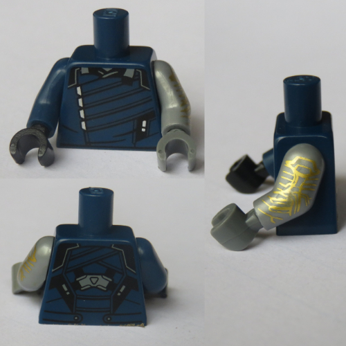 Torse, bras et mains impairs, gilet, motif imprimé bord noir (soldat d'hiver), bras gris bleuté clair gauche et main gris bleuté foncé, bras bleu foncé droit et main noire (Torso, Odd Arms and Hands, Vest, Black Trim Print (Winter Soldier), Left Light Bluish Gray Arm and Dark Bluish Gray Hand, Right Dark Blue Arm and Black Hand)