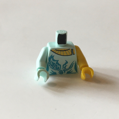 Visuel indicatif Rebrickable de Torse, bras et mains dépareillés, haut de patinage artistique avec des vagues d'azur et des étoiles argentées imprimé, bras et main jaune gauche, bras et main vert d’eau lumière droite (Torso, Odd Arms and Hands, Figure Skating Top with Azure Waves and Silver Stars Print, Left Yellow Arm and Hand, Right Light Aqua Arm and Hand)