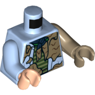 Torse, bras et mains impairs, chemise ouverte, foulard boueux, foulard bleu, vert, marron et noir, motif imprimé sous-chemise à rayures, bras gauche bleu clair et main de nougat clair, bras droit noir et main (Torso, Odd Arms and Hands, Open Shirt, Muddy, Blue Neckerchief, Green, Brown, and Dark Tan Striped Undershirt Print, Left Bright Light Blue Arm and Light Nougat Hand, Right Dark Tan Arm and Hand)