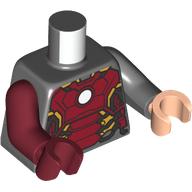 Torse, bras et mains impairs, motif imprimé armure Iron Man, bras gauche gris bleuâtre foncé et main gris bleuâtre foncé, bras rouge foncé droit et main noire (Torso, Odd Arms and Hands, Iron Man Armor Print, Left Dark Bluish Grey Arm and Dark Bluish Gray Hand, Right Dark Red Arm and Black Hand)