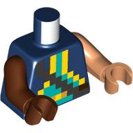 Torse, bras et mains bizarres, motif imprimé jaune pixelisé / turquoise foncé, bras et main gauche nougat, bras et main brun rougeâtre droit (Torso, Odd Arms and Hands, Pixelated Yellow/Dark Turquoise Shape Print, Left Nougat Arm and Hand, Right Reddish Brown Arm and Hand)