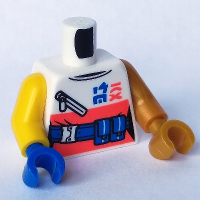Visuel indicatif Rebrickable de Torse, bras et mains dépareillés, chemise blanche et corail, ceinture utilitaire bleue, motif : fermeture éclair, bras et main gauche en or nacré, bras jaune droit et main bleue (Torso, Odd Arms and Hands, White/Coral Shirt, Blue Utility Belt, Zipper Print, Left Pearl Gold Arm and Hand, Right Yellow Arm and Blue Hand)