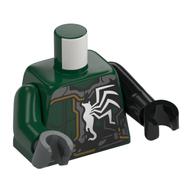 Torse, bras et mains impairs, armure vert foncé, ligne jaune, transition de venin noir, motif imprimé d'araignée blanche, bras et main noirs gauches, bras vert foncé droit et main gris bleuâtre foncé (Torso, Odd Arms and Hands, Dark Green Armor, Yellow Line, Black Venom Transition, White Spider Print, Left Black Arm and Hand, Right Dark Green Arm and Dark Bluish Grey Hand)