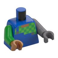 Torse, bras et mains bizarres, chemise vert/vert vif à carreaux pixellisés, motif : salopette bleue, bras et main gauche en argent plat, bras vert brillant droit et main moyenne de nougat (Torso, Odd Arms and Hands, Pixelated Checkered Green/Bright Green Shirt, Blue Overall Print, Left Flat Silver Arm and Hand, Right Bright Green Arm and Medium Nougat Hand)