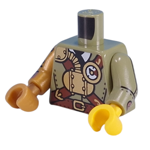 Torse, bras et mains impairs, appareil en or, jauge, streptocoques brun rougeâtre, bras mécanique avec motif imprimé de pistons argent / cuivre, bras et main en or nacré gauche, bras vert olive droit et main jaune (Torso, Odd Arms and Hands, Gold Apparatus, Gauge, Reddish Brown Streps, Mechanical Arm with Silver/Copper Pistons Print, Left Pearl Gold Arm and Hand, Right Olive Green Arm and Yellow Hand)