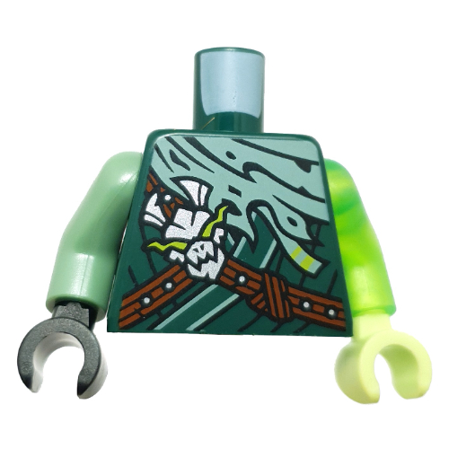 Torse, bras et mains impairs, robe ninjga manteau vert sable, sangles brun rougeâtre, motif imprimé crâne argenté, bras vert transparent-brillant gauche, main jaunâtre gren, bras vert sable droit et main noire (Torso, Odd Arms and Hands, Ninjga Robes Sand Green Cloak, Reddish Brown Straps, Silver Skull Print, Left Trans-Bright Green Arm, Yellowish Gren Hand, Right Sand Green Arm and Black Hand)