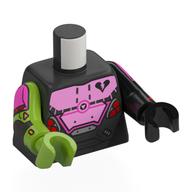 Torse, bras et mains impairs, armure de combat, haut rose vif avec des voix noires cassées, motif : bras, bras et main gauche noirs, bras et main droite en vert citron (Torso, Odd Arms and Hands, Battle Armor, Bright Pink Top with Broke Black Hears, Arms Print, Left Black Arm and Hand, Right Lime Arm and Hand)