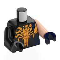 Torse, bras et mains étranges, poitrine musclée orange vif, velouté en forme d'araignée, motif imprimé formes bleu foncé, bras nougat clair gauche et main bleu foncé, bras et main noir droit (Torso, Odd Arms and Hands, Bright Orange Muslced Chest, Spider-Shaped Venomized Ooze, Dark Blue Shapes Print, Left Light Nougat Arm and Dark Blue Hand, Right Black Arm and Hand)