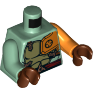 Visuel indicatif Rebrickable de Torse, bras impairs, armure, vert olive avec couverture d'épaule orange, motif imprimé ceinture, bras orange gauche, bras vert sable droit, mains marron rougeâtre (Torso, Odd Arms, Armor, Olive Green with Orange Shoulder Cover, Belt Print, Left Orange Arm, Right Sand Green Arm, Reddish Brown Hands)