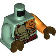 Torse, bras dépareillés, armure avec épaule orange plaque, et ceinture avec motif imprimé pochettes, bras gauche orange, bras droit vert sable, mains brun foncé (Torso, Odd Arms, Armor with Orange Shoulder Plate, and Belt with Pouches Print, Left Orange Arm, Right Sand Green Arm, Dark Brown Hands)