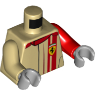 Visuel indicatif Rebrickable de Torse, bras impairs, veste de course avec bande rouge et col, motif imprimé Ferrari Logo, bras rouge gauche, bras beige droit, mains gris clair (Torso, Odd Arms, Racing Jacket with Red Stripe and Collar, Ferrari Logo Print, Left Red Arm, Right Tan Arm, Light Bluish Gray Hands)