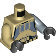 Torse, bras impairs, armure avec motif imprimé de panneaux bleus sable, bras bleu sable gauche, bras beige droit, mains noires (Torso, Odd Arms, Armor with Sand Blue Panels Print, Left Sand Blue Arm, Right Tan Arm, Black Hands)