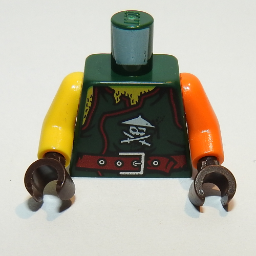 Torse, bras impairs, tunique avec crâne ninja avec épées croisées, cheveux poitrine et motif imprimé ceinture rouge foncé, bras orange gauche, bras jaune droit, mains brun foncé (Torso, Odd Arms, Tunic with Ninja Skull with Crossed Swords, Chest Hair and Dark Red Belt Print, Left Orange Arm, Right Yellow Arm, Dark Brown Hands)