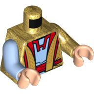 Torse, bras impairs, robe avec bordure rouge, ouvert sur motif imprimé tunique bleu clair lumineux, bras en or nacré gauche, bras bleu clair droit, mains de nougat clair (Torso, Odd Arms, Robe with Red Trim, Open over Bright Light Blue Tunic Print, Left Pearl Gold Arm, Right Bright Light Blue Arm, Light Nougat Hands)