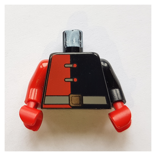 Torse, bras impairs, combinaison à moitié rouge, fermoirs et motif imprimé ceinture, bras gauche noir, bras droit rouge, mains rouges (Torso, Odd Arms, Jumpsuit with Red Half, Clasps and Belt Print, Left Black Arm, Right Red Arm, Red Hands)