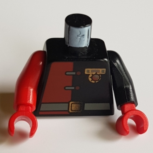 Torse, bras impairs, combinaison avec moitié rouge, fermoirs, badge de commandant et motif imprimé ceinture, bras noir gauche, bras rouge droit, mains rouges (Torso, Odd Arms, Jumpsuit with Red Half, Clasps, Commander Badge, and Belt Print, Left Black Arm, Right Red Arm, Red Hands)