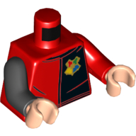 Torse, bras impairs, tunique à moitié noire, motif imprimé à la crête de Poudlard, bras gauche rouge, bras droit noir, mains nougat clair (Torso, Odd Arms, Tunic with Black Half, Hogwarts Crest Print, Left Red Arm, Right Black Arm, Light Nougat Hands)
