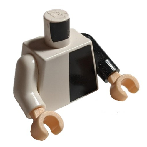 Visuel indicatif Rebrickable de Torse, bras impairs, chemise avec motif imprimé noir moitié panneau, bras noir gauche, bras blanc droit, mains nougat clair (Torso, Odd Arms, Shirt with Black Half Panel Print, Left Black Arm, Right White Arm, Light Nougat Hands)